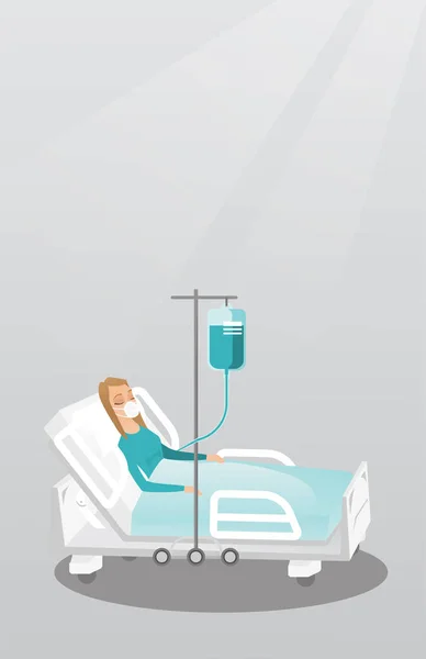 Patient lying in hospital bed with oxygen mask. — Stock Vector