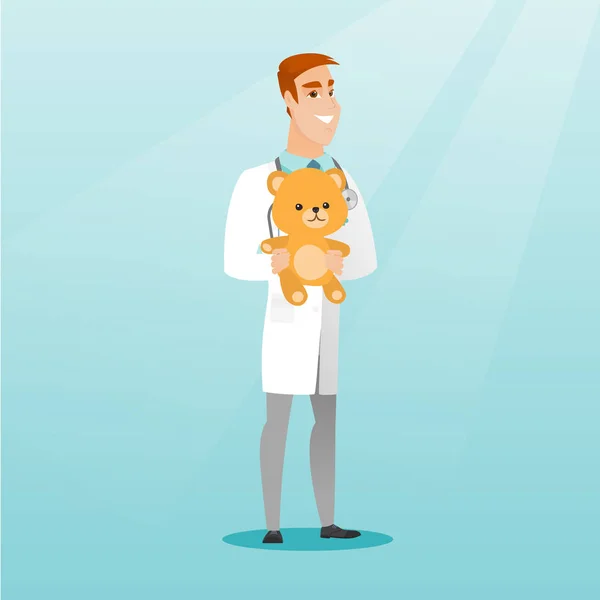 Médico pediatra sosteniendo oso de peluche . — Vector de stock