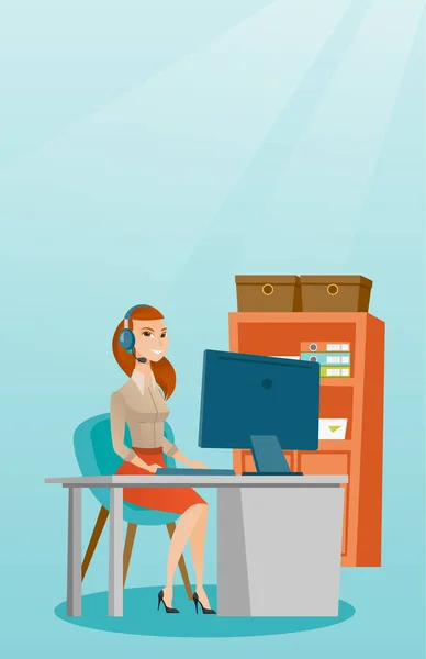 Femme d'affaires avec casque travaillant au bureau . — Image vectorielle