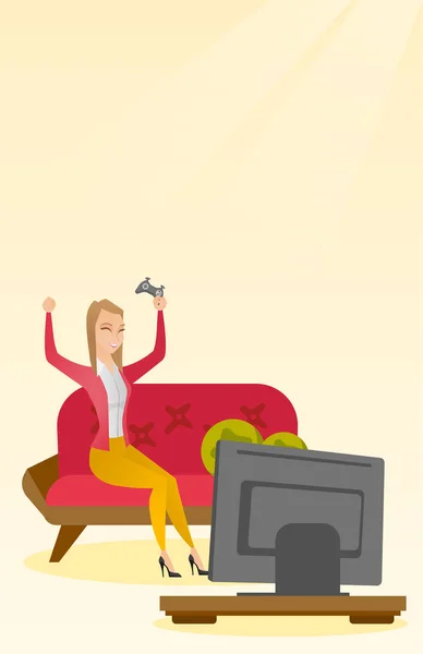 Femme jouant à un jeu vidéo illustration vectorielle . — Image vectorielle