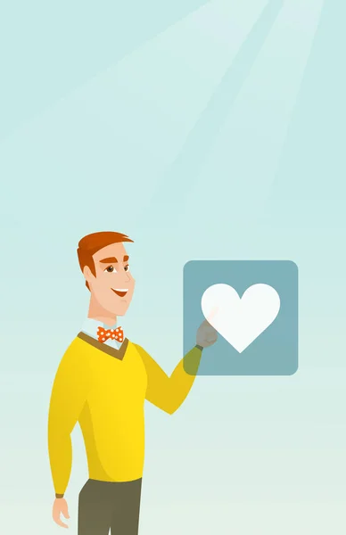 Young man pressing heart shaped button. — Stock Vector