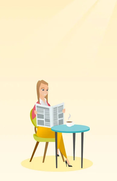 Mulher lendo um jornal e bebendo café . — Vetor de Stock
