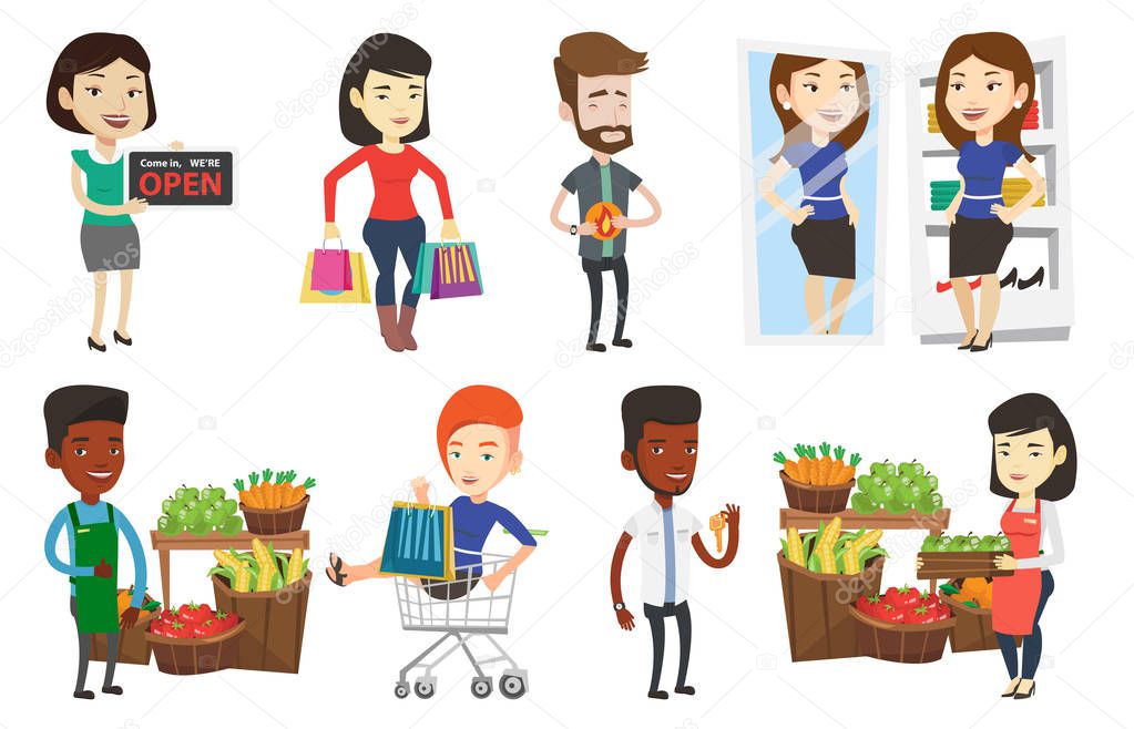 Vector set of shopping people characters.