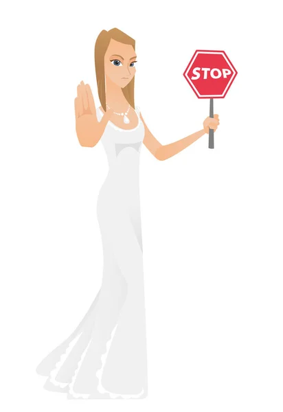 Caucasian fiancee holding stop road sign. — Stock Vector