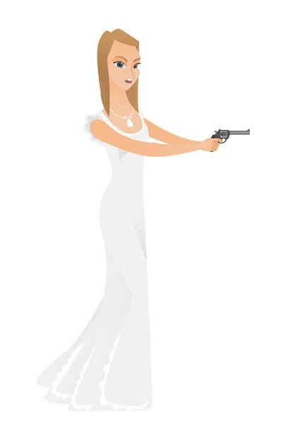 Menyasszony fehér esküvői ruha tartja a pisztolyt. — Stock Vector