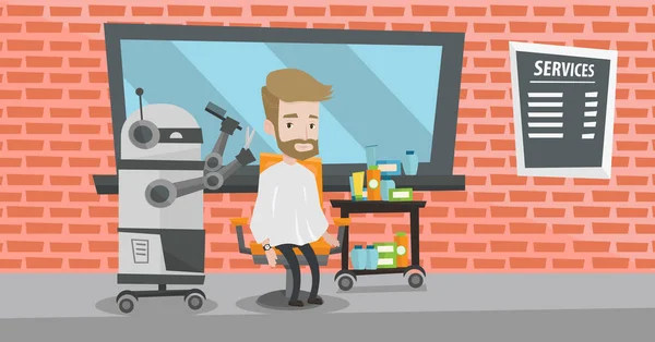 Robot peluquero haciendo corte de pelo a un hombre hipster . — Vector de stock