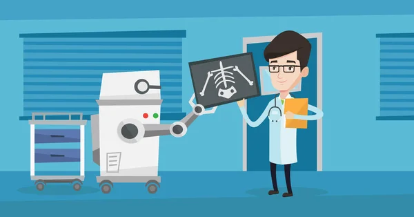 Lékař zkoumá rentgenový snímek s pomocí robota. — Stockový vektor