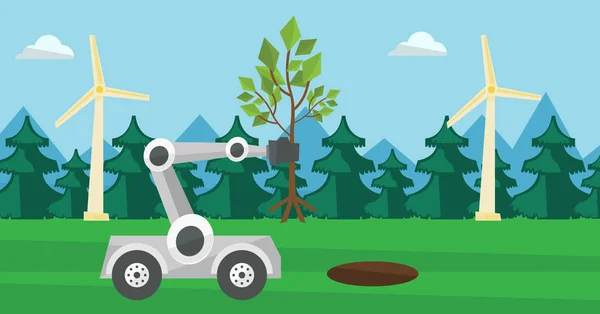 Robot machine plants a big tree. — Stock Vector