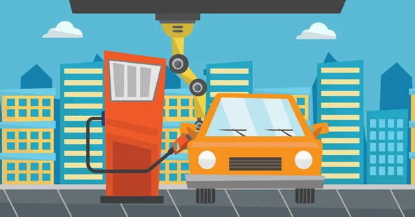 Roboter tankt Kraftstoff in Auto an der Tankstelle. — Stockvektor
