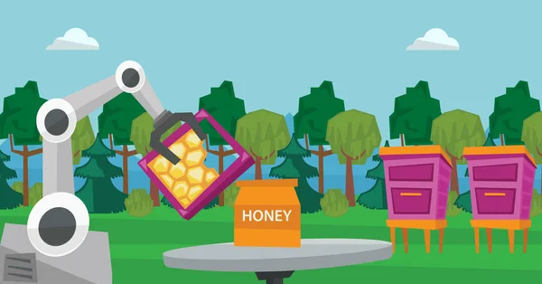 Apicultor robô recolhendo mel da colmeia . — Vetor de Stock