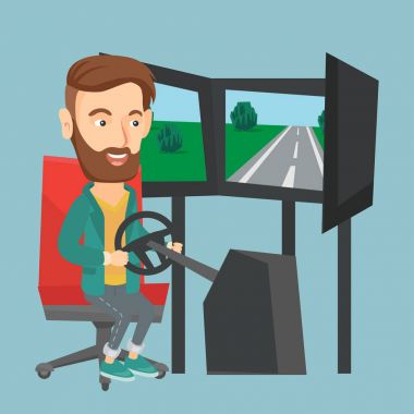 Adam oyun tekerleği ile bilgisayar oyunu oynamak.