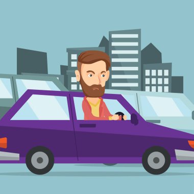 Araba içinde sinirli beyaz adam trafik sıkışıklığı içinde sıkışmış.