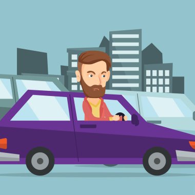 Angry caucasian man in car stuck in traffic jam. clipart