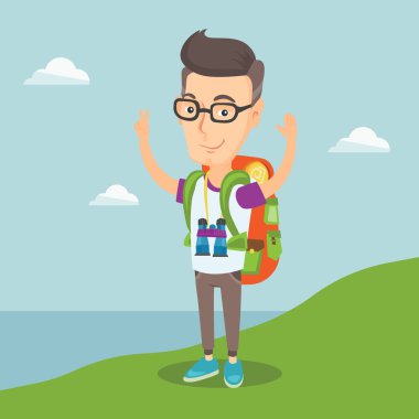 Backpacker sahne zevk kadar elleri ile.