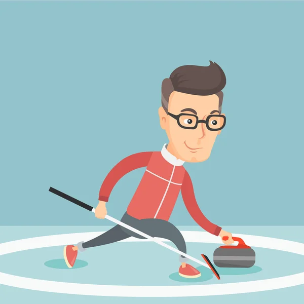 Sportsman playing curling on on a skating rink. — Stock Vector