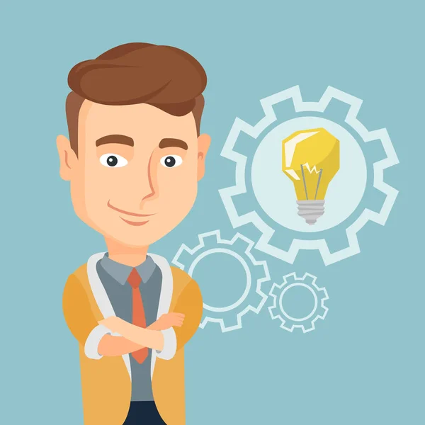 Man with business idea bulb in gear. — Stock Vector