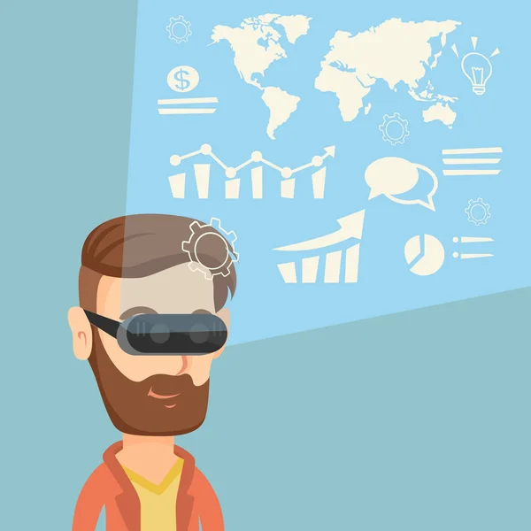 Zakenman in vr headset virtuele data analyseren. — Stockvector