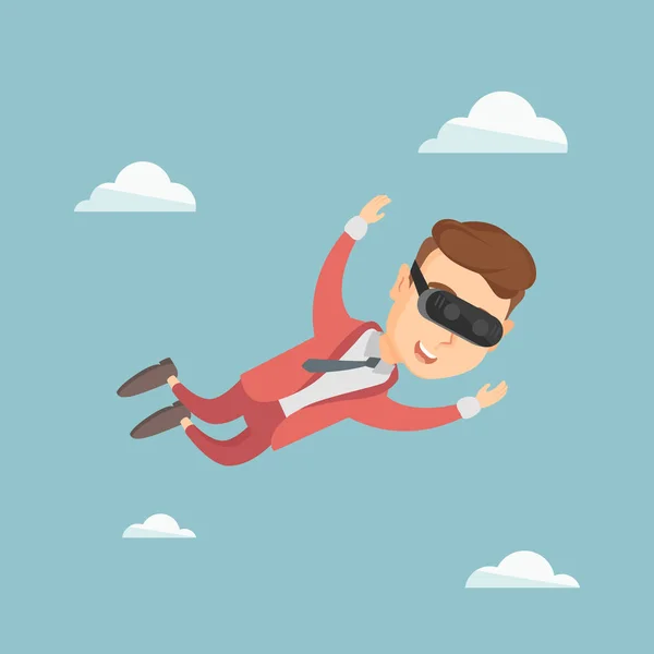 Businessman in vr headset flying in the sky. — Stock Vector