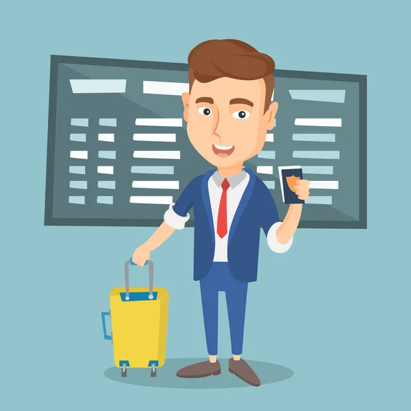 Man with suitcase and ticket at the airport. — Stock Vector
