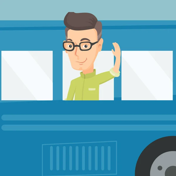 Чоловік махає рукою від вікна автобуса . — стоковий вектор