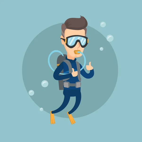 Man met scuba duiken en ok teken tonen. — Stockvector