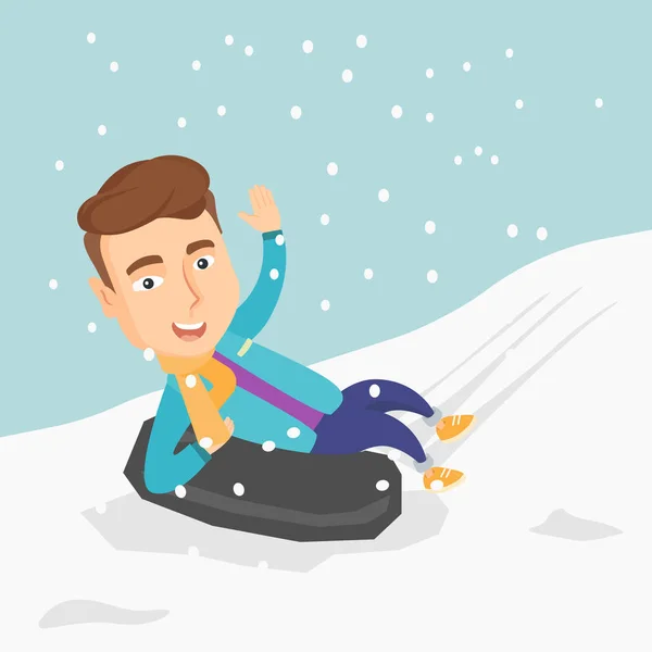 Man sledding on snow rubber tube in the mountains. — Stock Vector