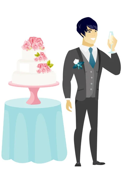 Bruidegom permanent in de buurt van cake met glas champagne. — Stockvector