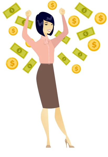 Mujer feliz ajetreada bajo la lluvia de dinero . — Vector de stock