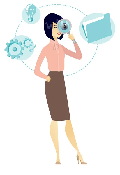 Asian business woman with magnifying glass. — Stock Vector