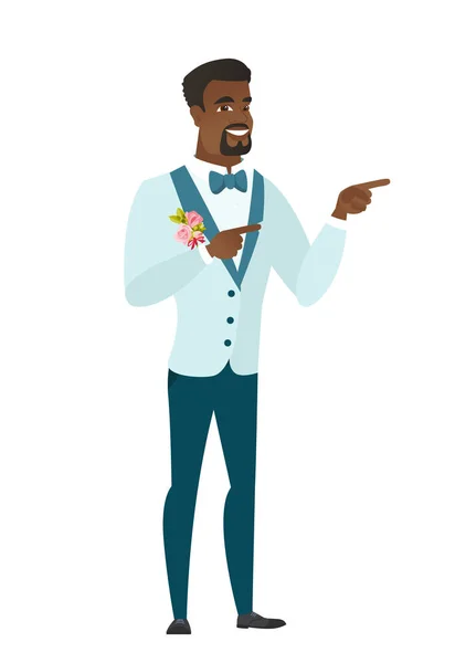 Young african-american groom pointing to the side. — Stock Vector