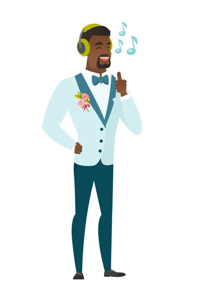 Groom listening to music in headphones. — Stock Vector