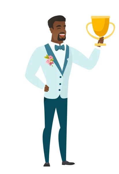 African-american groom holding a trophy. — Stock Vector