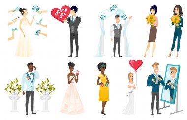 Gelin ve damat vektör çizimler set.