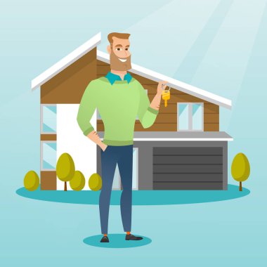 Genç beyaz ev sahibi ile anahtar.