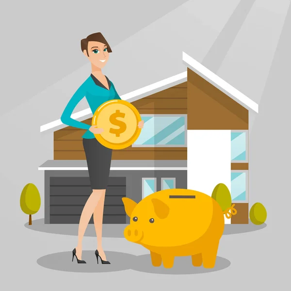 Woman saving money in piggy bank for buying house. — Stock Vector