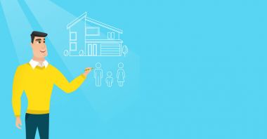 Genç adam onun müstakil ev çizim.