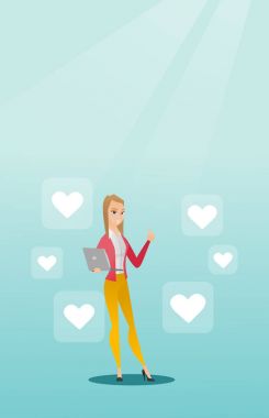 Kadın ile laptop ve kalp kutsal kişilerin resmi.