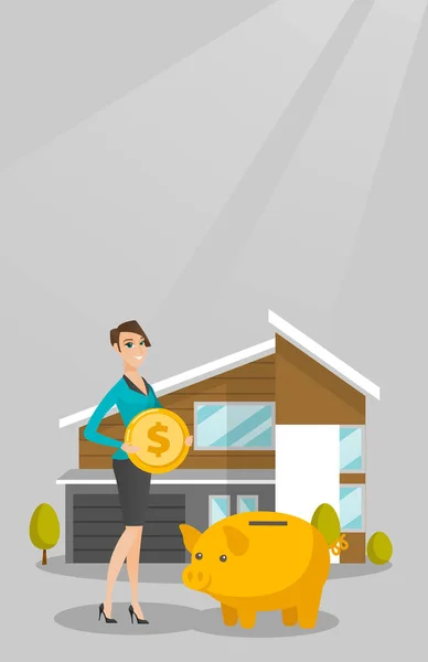 Vrouw, geld te besparen in piggy bank voor het kopen van huis. — Stockvector