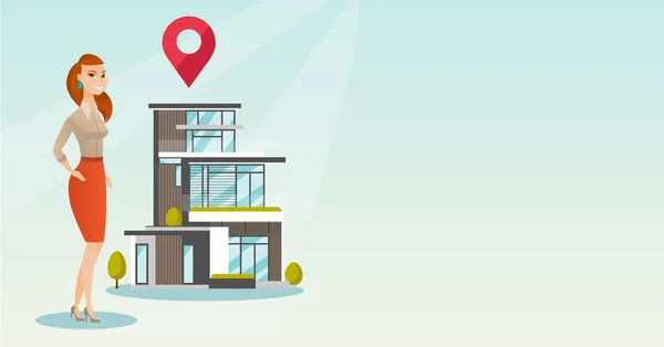 Realtor sobre fondo de casa con mapa puntero . — Vector de stock