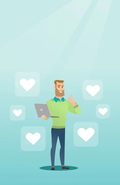 Homem com ícones de laptop e coração . —  Vetores de Stock