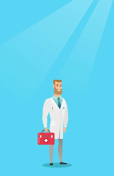 Doctor sosteniendo ilustración vector caja de primeros auxilios . — Vector de stock