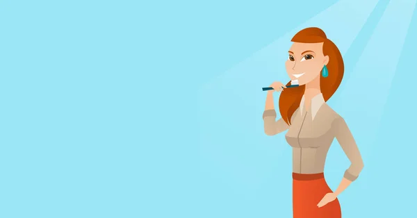 Vrouw haar tanden poetsen vector illustratie. — Stockvector