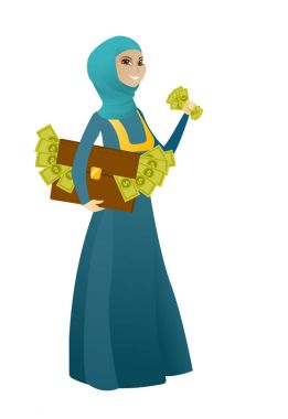 İş kadını ile para dolu çanta.