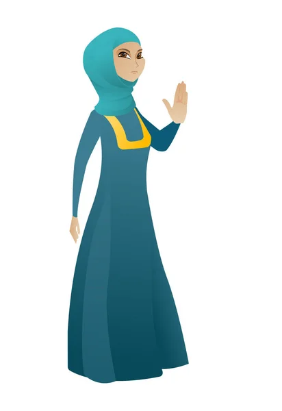 Moslim zakenvrouw palm hand tonen. — Stockvector