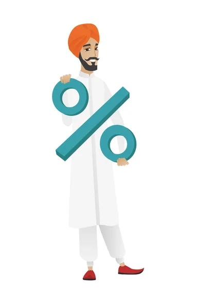 Uśmiechający się biznesmen posiadający znak procentu. — Wektor stockowy