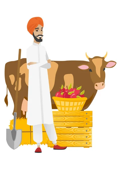 Agricultor de pé com braços cruzados perto da vaca . —  Vetores de Stock