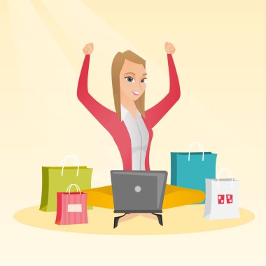 Online alışveriş için dizüstü bilgisayar kullanan beyaz kadın.