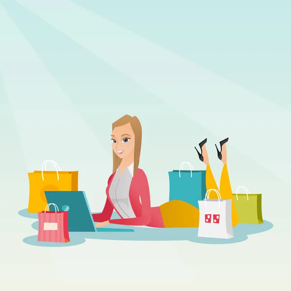 Jovem mulher caucasiana fazendo compras online . — Vetor de Stock