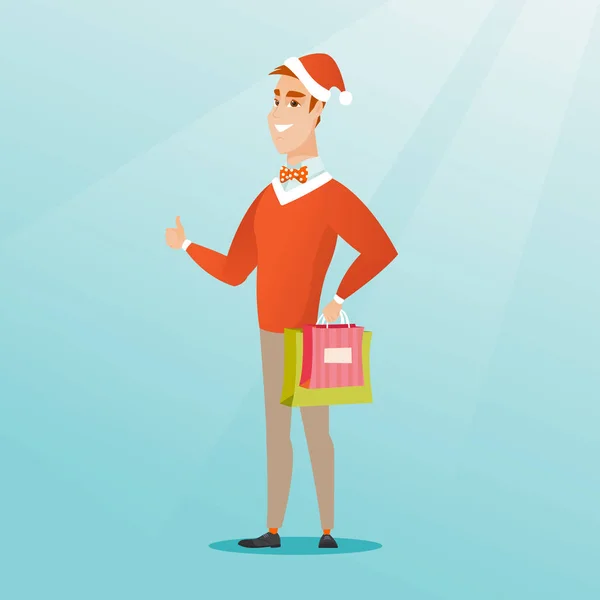 Mann mit Weihnachtsmütze kauft Weihnachtsgeschenke ein. — Stockvektor