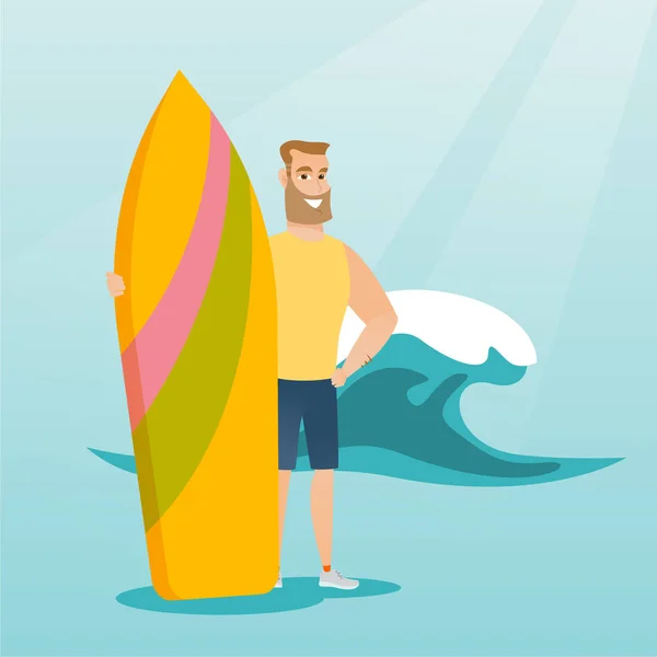 Joven surfista caucásico sosteniendo una tabla de surf . — Archivo Imágenes Vectoriales